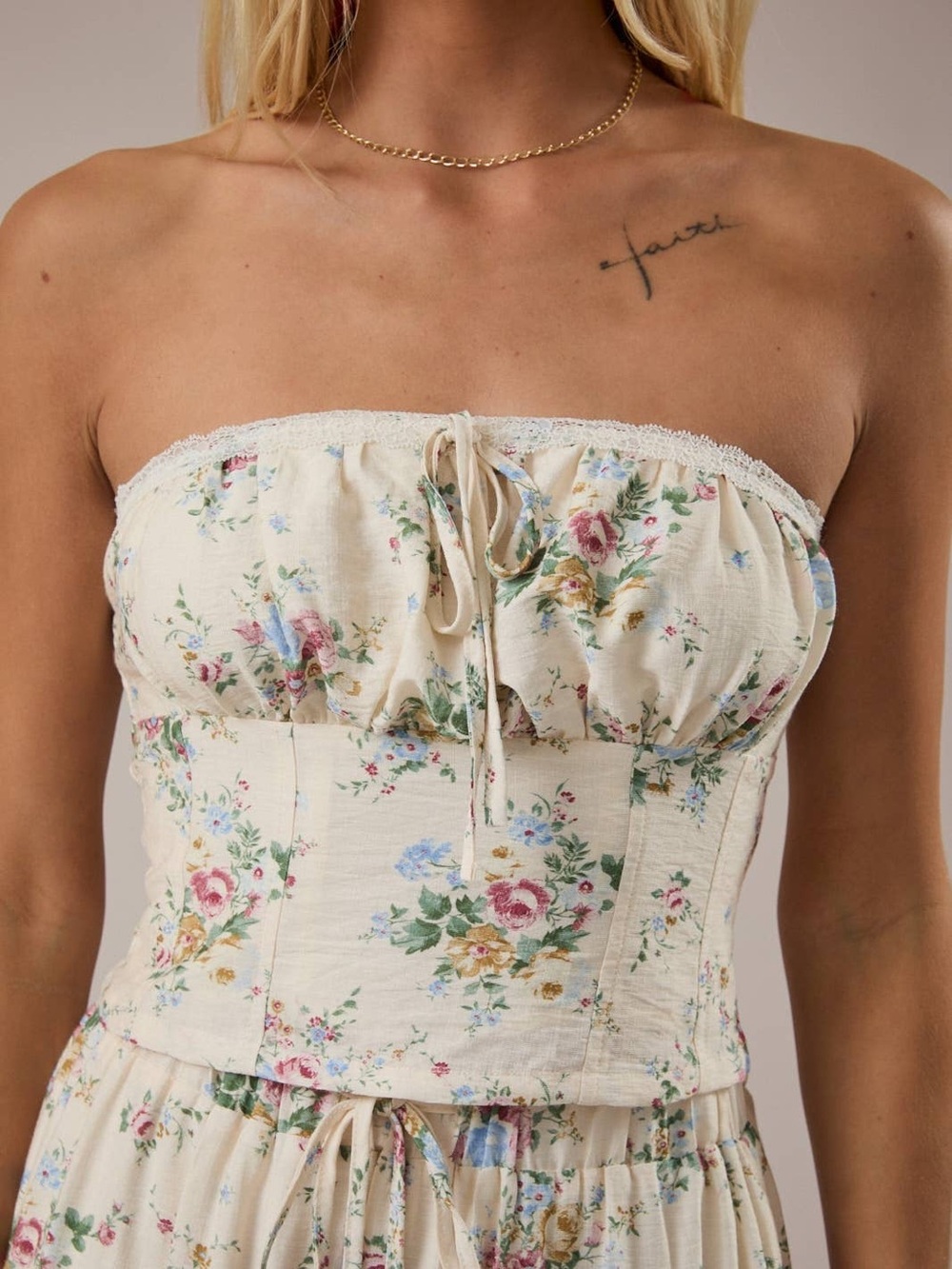 Le Lis Cream Floral Off-Shoulder Crop Top